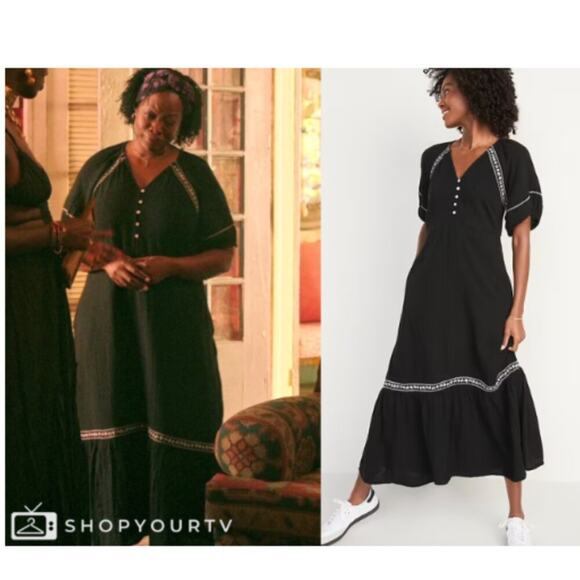 NEW Old Navy Maxi Peasant Dress XL Crinkle Crepe Embroidered Swing Black Boho - Picture 12 of 13